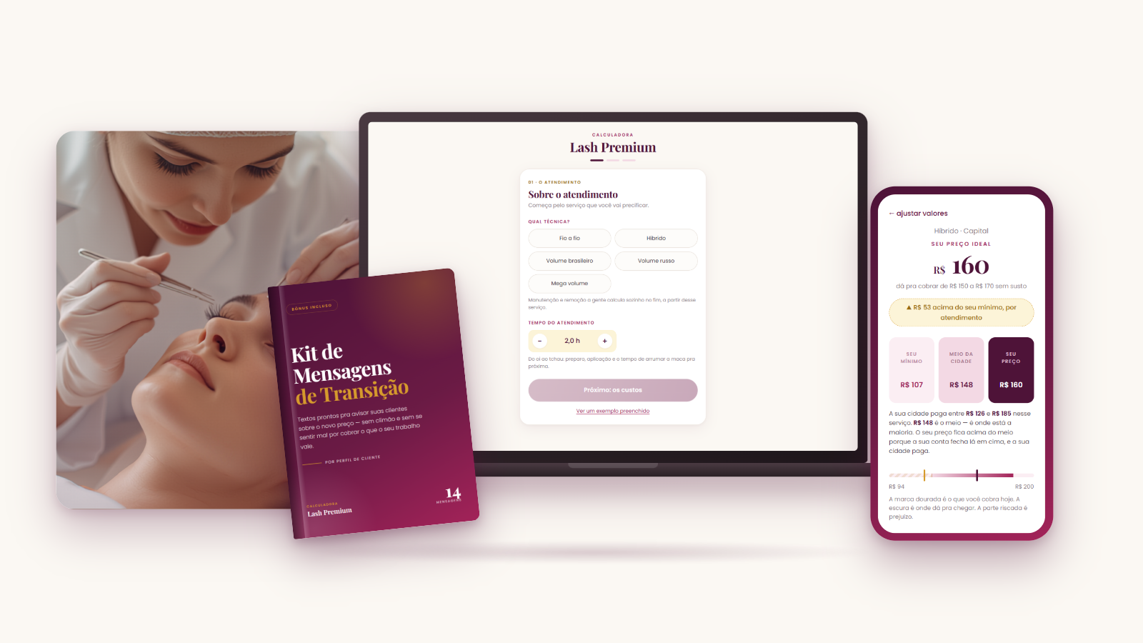 O que está incluso: a calculadora aberta no notebook, o kit de mensagens de transição e a tela de resultado no celular.